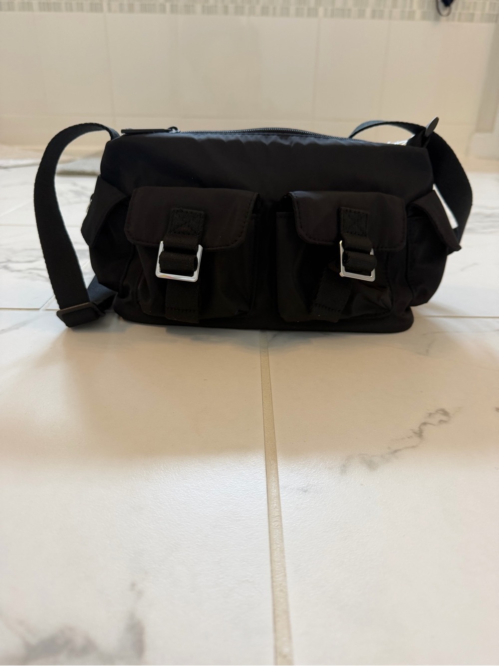 PINK Victoria's Secret Black Nylon Cargo Bag with Front Buckle Pockets